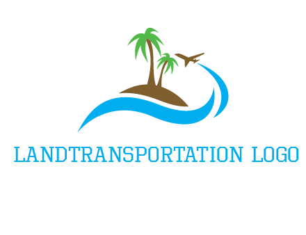 palm trees on island and airplane travel logo