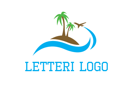 palm trees on island and airplane travel logo