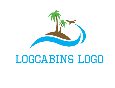 palm trees on island and airplane travel logo