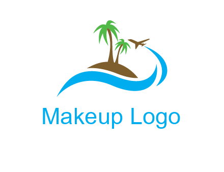 palm trees on island and airplane travel logo