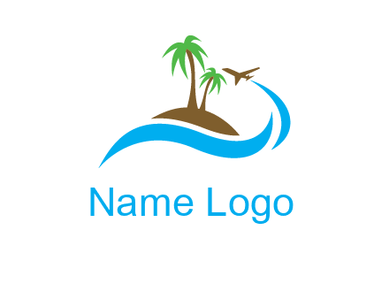 palm trees on island and airplane travel logo
