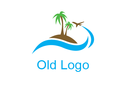 palm trees on island and airplane travel logo