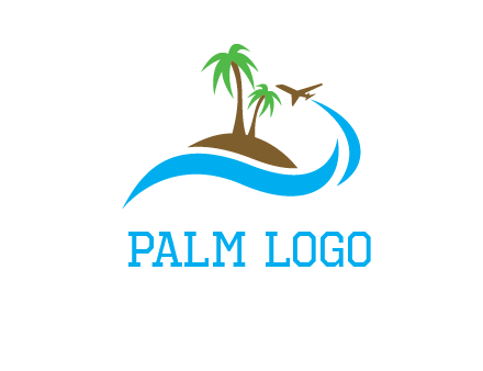 palm trees on island and airplane travel logo