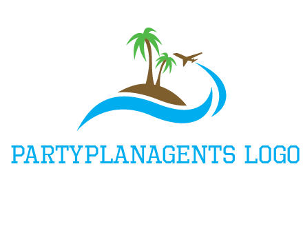 palm trees on island and airplane travel logo