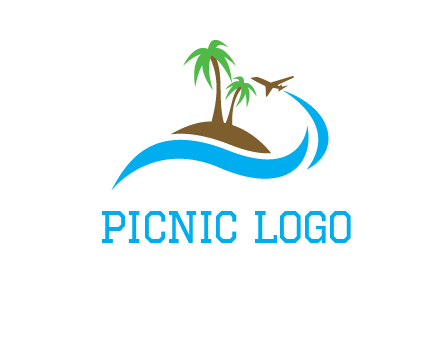 palm trees on island and airplane travel logo