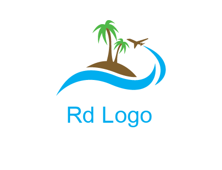 palm trees on island and airplane travel logo
