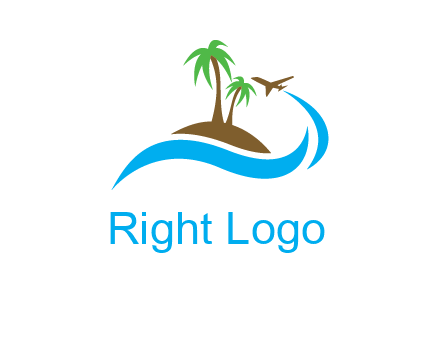 palm trees on island and airplane travel logo
