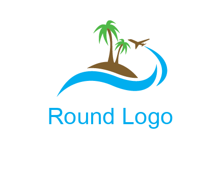palm trees on island and airplane travel logo