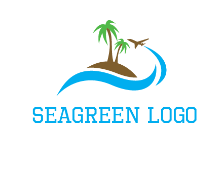 palm trees on island and airplane travel logo