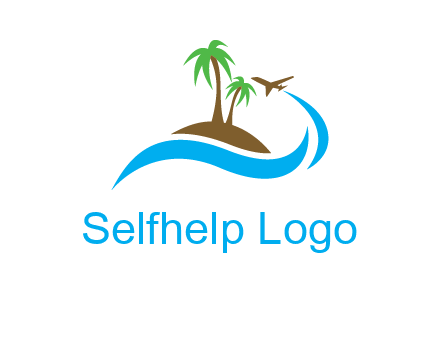 palm trees on island and airplane travel logo