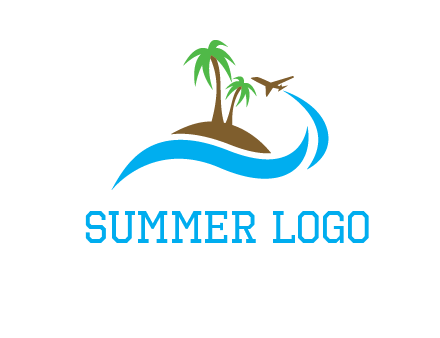 palm trees on island and airplane travel logo