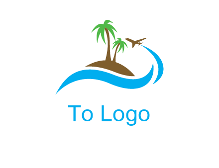 palm trees on island and airplane travel logo