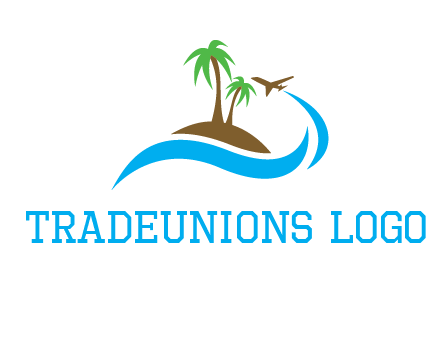 palm trees on island and airplane travel logo