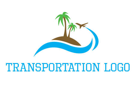 palm trees on island and airplane travel logo