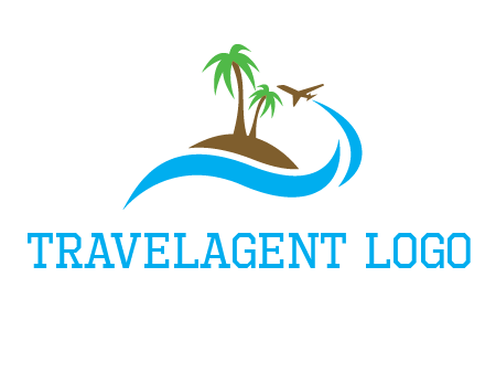 palm trees on island and airplane travel logo