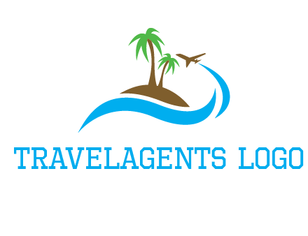 palm trees on island and airplane travel logo