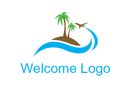 palm trees on island and airplane travel logo