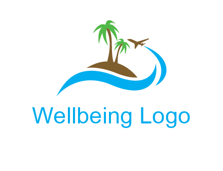 palm trees on island and airplane travel logo