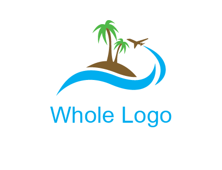 palm trees on island and airplane travel logo