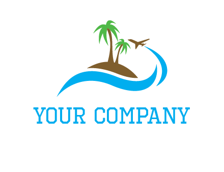 palm trees on island and airplane travel logo