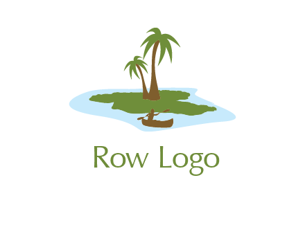 man rowing canoe to palm trees island illustration