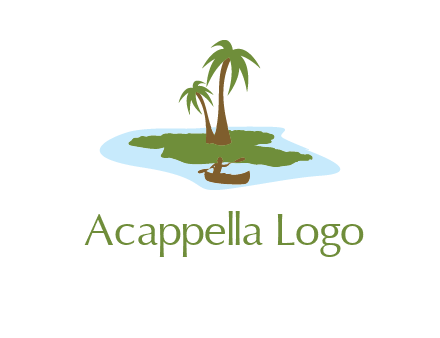 man rowing canoe to palm trees island illustration