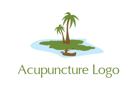 man rowing canoe to palm trees island illustration