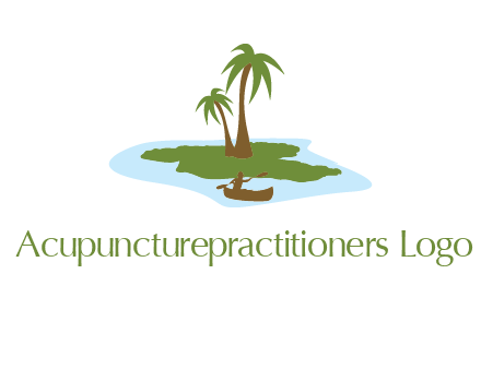 man rowing canoe to palm trees island illustration