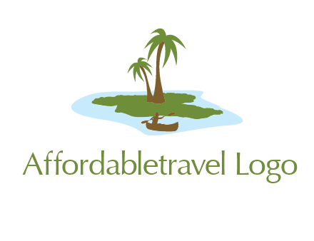 man rowing canoe to palm trees island illustration