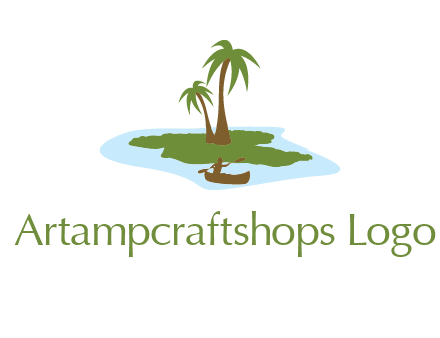 man rowing canoe to palm trees island illustration