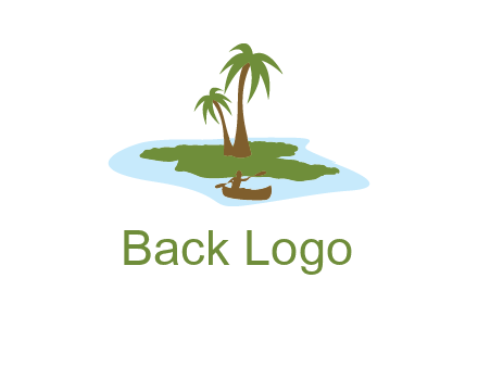 man rowing canoe to palm trees island illustration