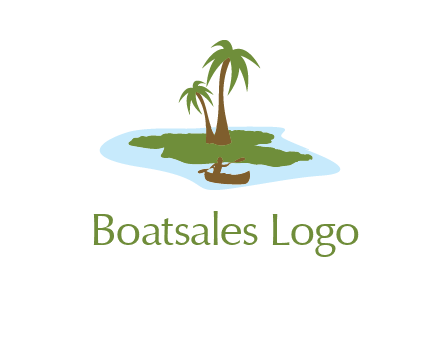 man rowing canoe to palm trees island illustration