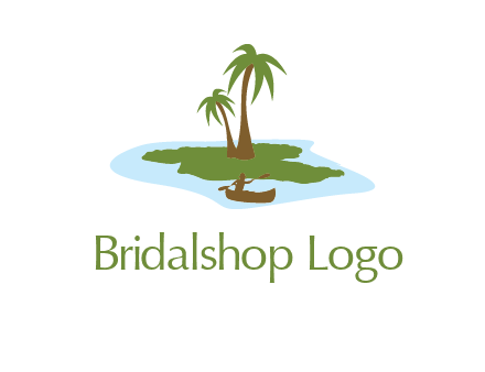 man rowing canoe to palm trees island illustration