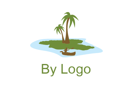 man rowing canoe to palm trees island illustration