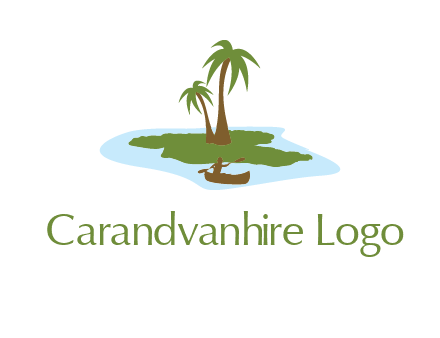 man rowing canoe to palm trees island illustration