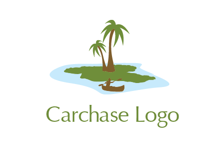 man rowing canoe to palm trees island illustration