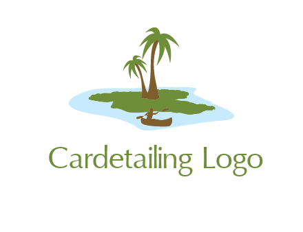 man rowing canoe to palm trees island illustration