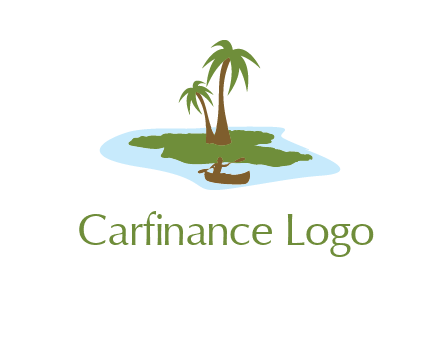 man rowing canoe to palm trees island illustration