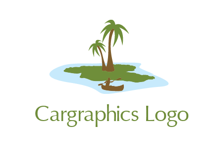 man rowing canoe to palm trees island illustration