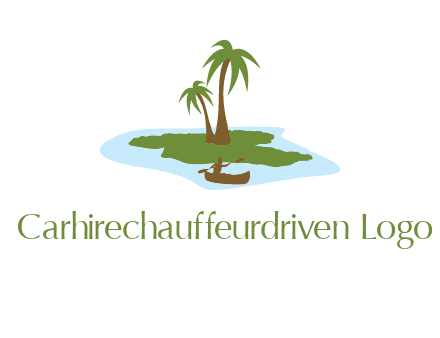 man rowing canoe to palm trees island illustration