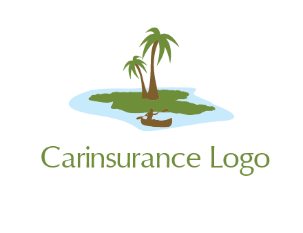 man rowing canoe to palm trees island illustration