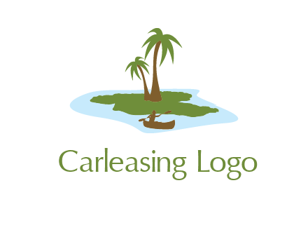 man rowing canoe to palm trees island illustration