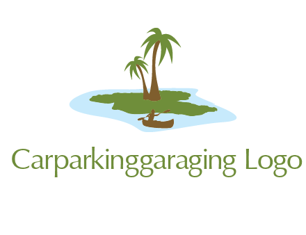 man rowing canoe to palm trees island illustration