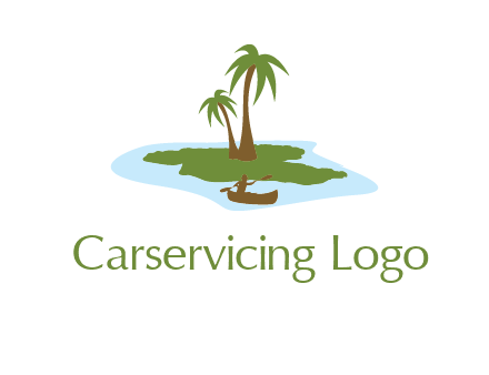 man rowing canoe to palm trees island illustration