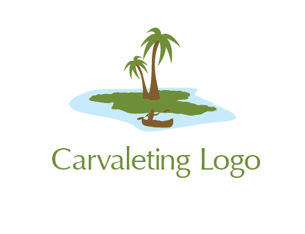 man rowing canoe to palm trees island illustration