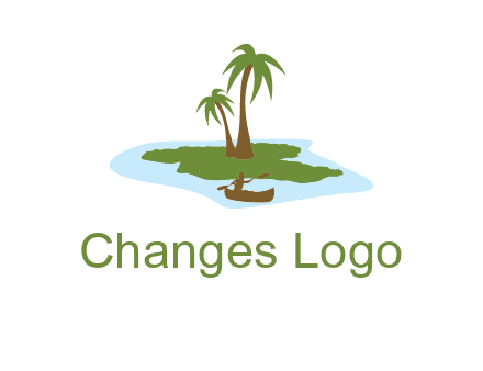 man rowing canoe to palm trees island illustration