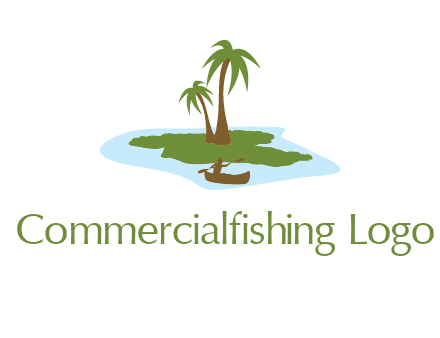 man rowing canoe to palm trees island illustration