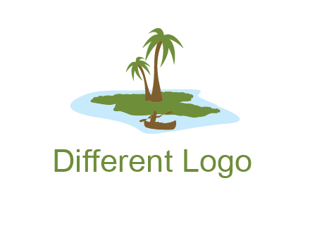 man rowing canoe to palm trees island illustration