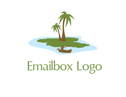 man rowing canoe to palm trees island illustration