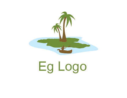 man rowing canoe to palm trees island illustration